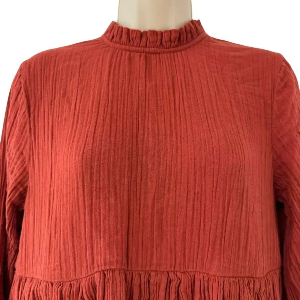 Free People Mini Oversized 3/4 Sleeve Gauze Dress Dark Orange 100% Cotton sz XS